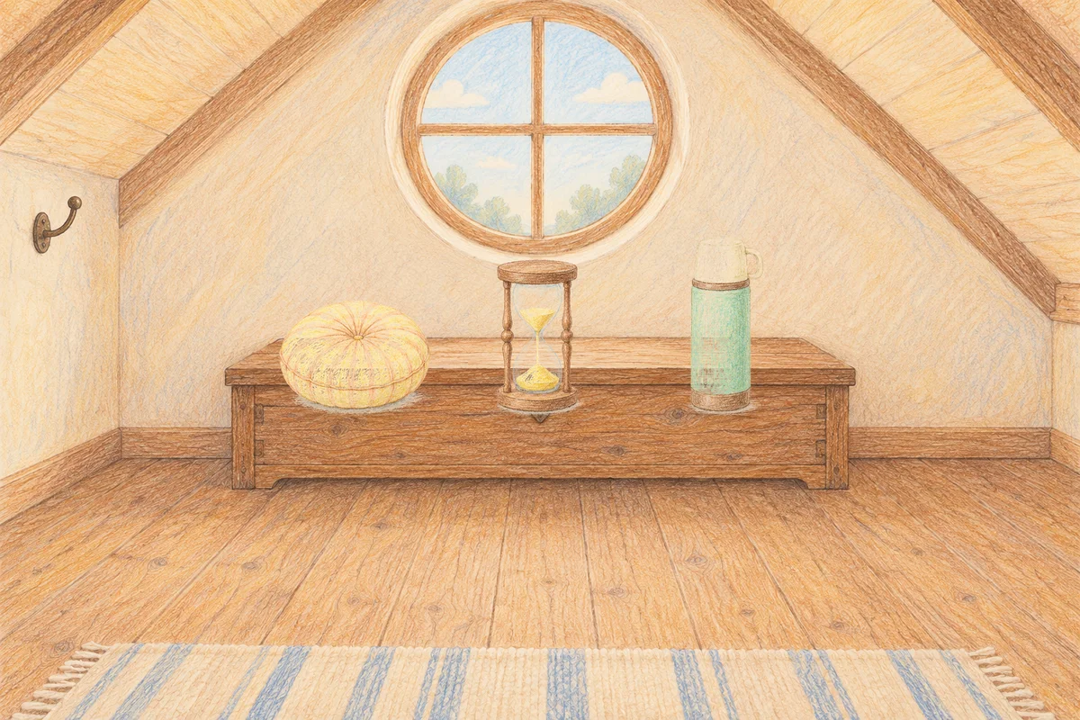 구로디지털단지 여성전용 복부 마사지 안내 그림, 낮의 다락방 나무 궤짝 위에 놓인 둥근 쿠션, 모래시계, 보온병