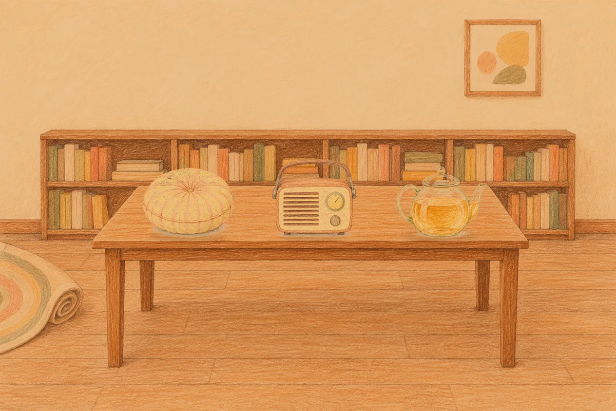 구로디지털단지 여성전용 두통 완화 마사지 안내 그림, 저녁의 서재 긴 책상 위에 놓인 둥근 쿠션, 작은 라디오, 유리 티포트
