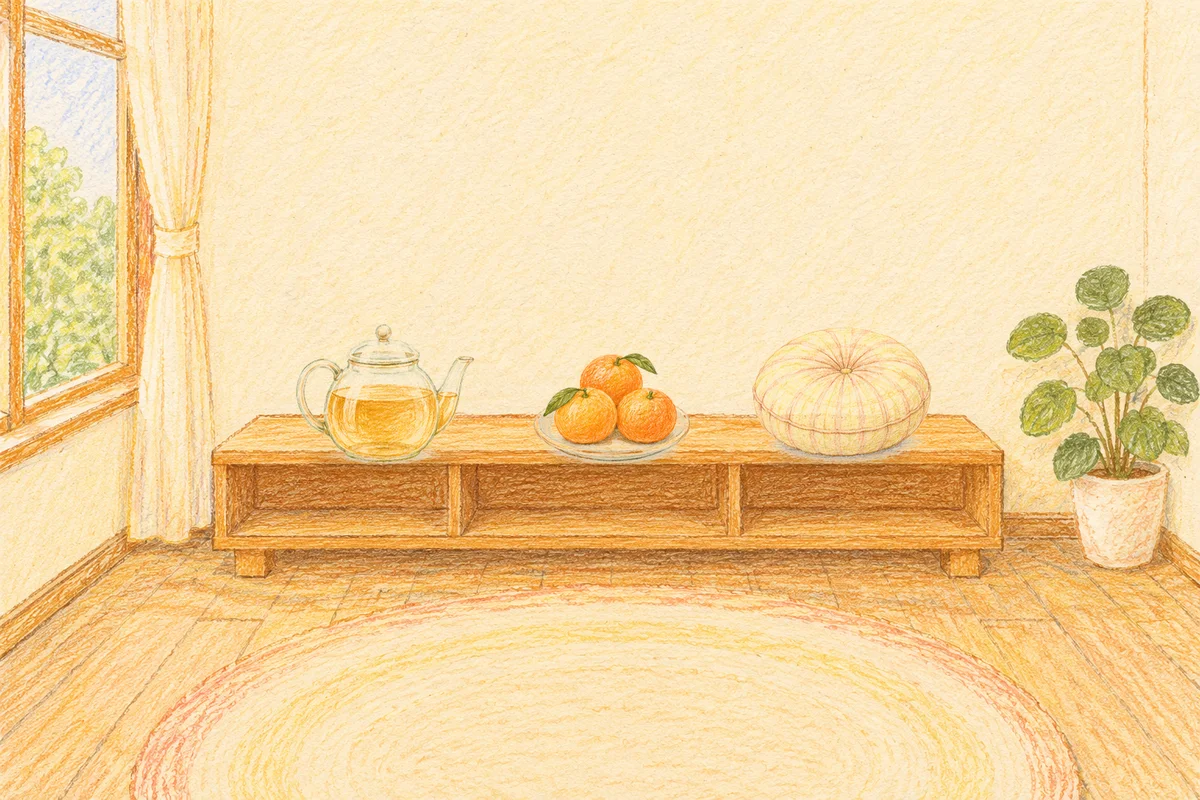 구로디지털단지 여성전용 수면 케어 안내 그림, 낮의 창가 낮은 선반 위에 놓인 유리 티포트, 귤이 담긴 접시, 둥근 쿠션