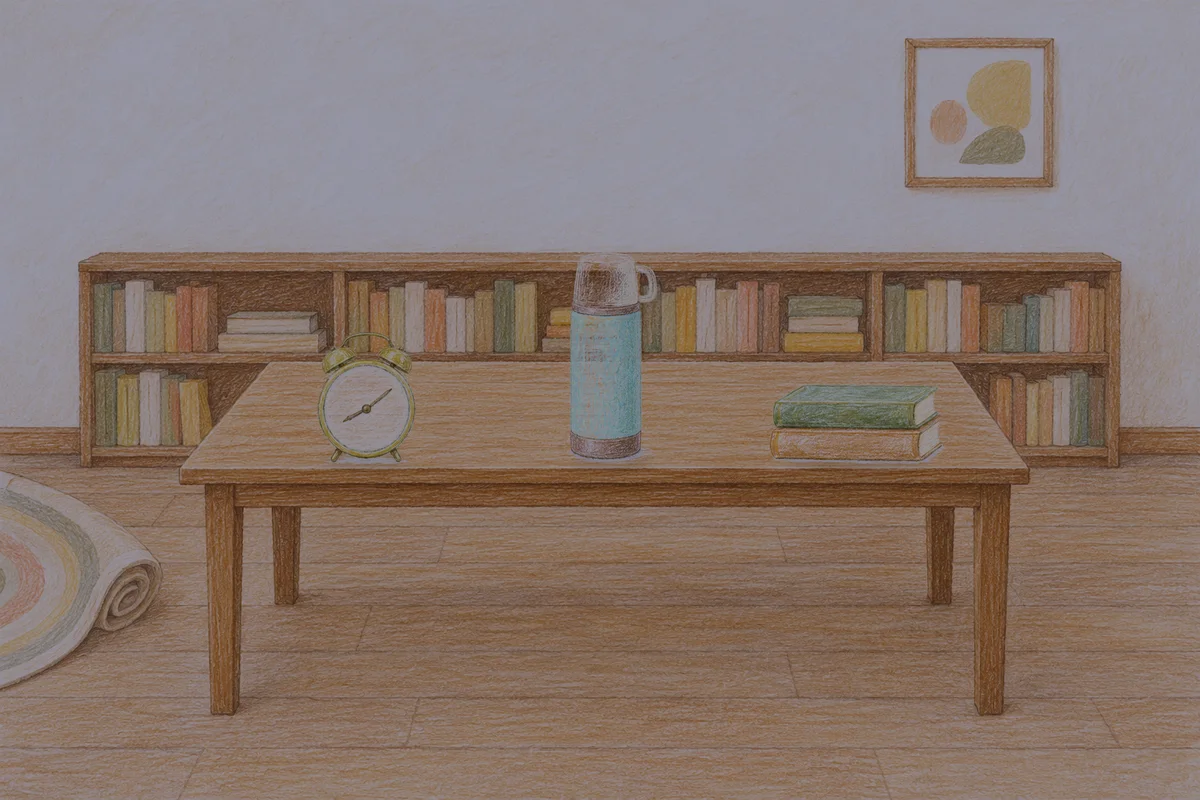 구로디지털단지 여성전용 스트레스 케어 안내 그림, 밤의 서재 긴 책상 위에 놓인 둥근 알람시계, 보온병, 책 두 권