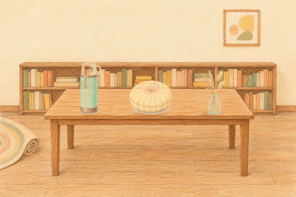 구로디지털단지 여성전용 얼굴 마사지 안내 그림, 낮의 서재 긴 책상 위에 놓인 보온병, 둥근 쿠션, 마른 풀을 꽂은 항아리