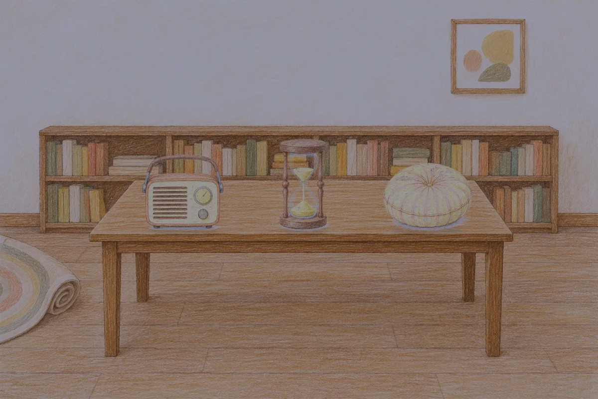 구로디지털단지 여성전용 샵 마사지 안내 그림, 밤의 서재 긴 책상 위에 놓인 작은 라디오, 모래시계, 둥근 쿠션