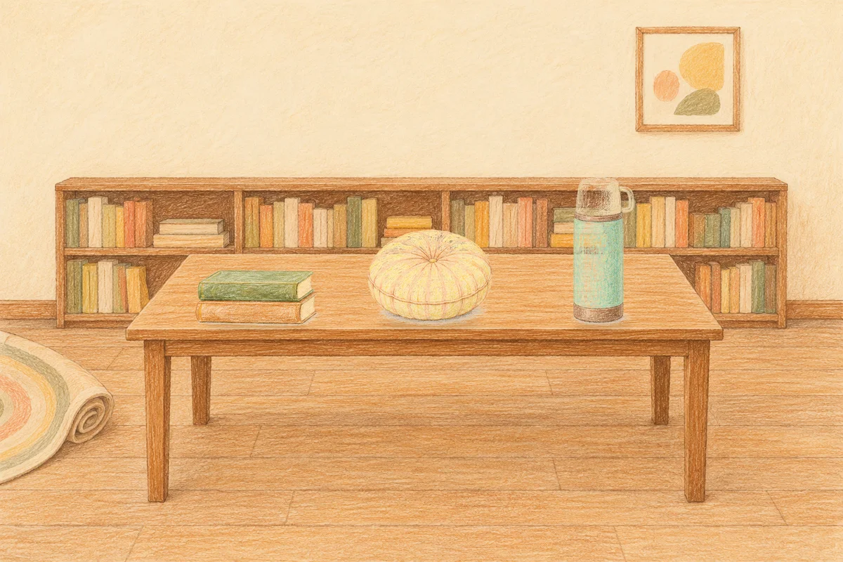 구로디지털단지 여성전용 후기 마사지 안내 그림, 낮의 서재 긴 책상 위에 놓인 책 두 권, 둥근 쿠션, 보온병