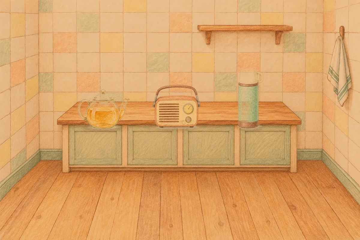 가산디지털단지 여성전용 아로마테라피 안내 그림, 저녁의 부엌 나무 조리대 위에 놓인 유리 티포트, 작은 라디오, 보온병