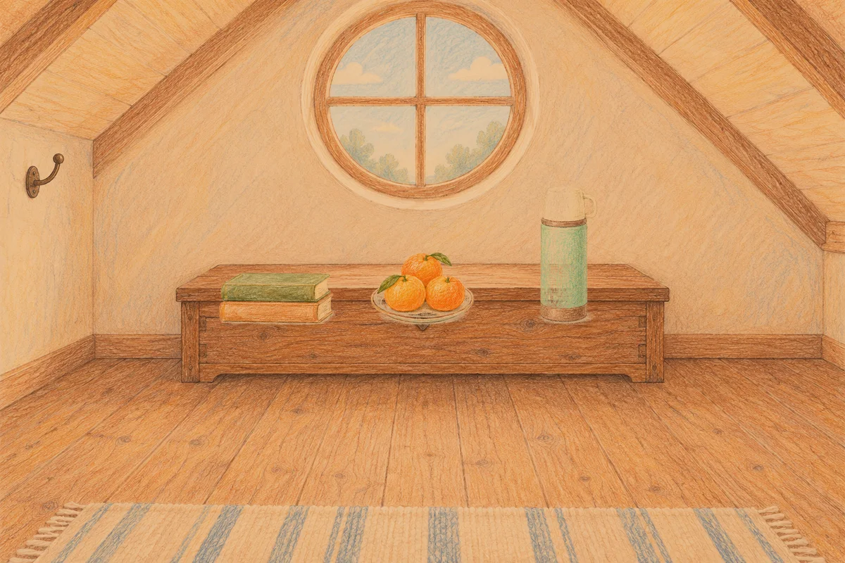 가산디지털단지 여성전용 프리미엄 스웨디시 안내 그림, 저녁의 다락방 나무 궤짝 위에 놓인 책 두 권, 귤이 담긴 접시, 보온병