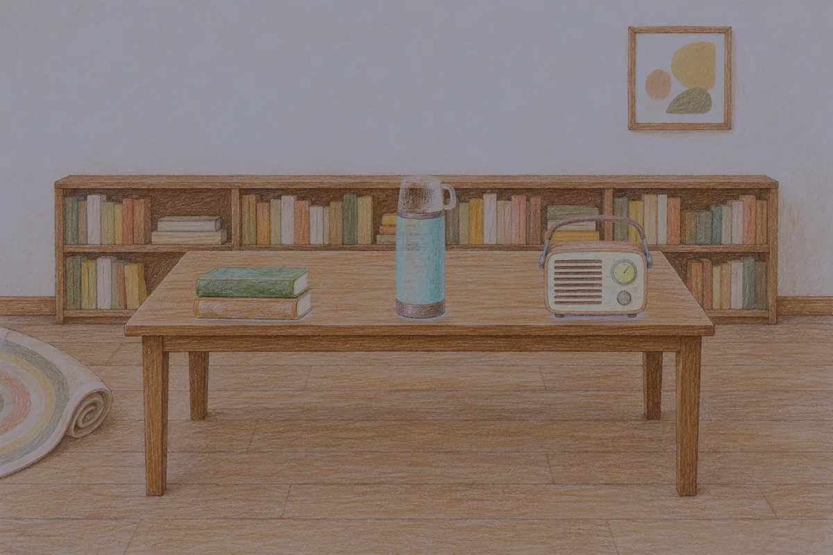 가산디지털단지 여성전용 아로마 추천 안내 그림, 밤의 서재 긴 책상 위에 놓인 책 두 권, 보온병, 작은 라디오