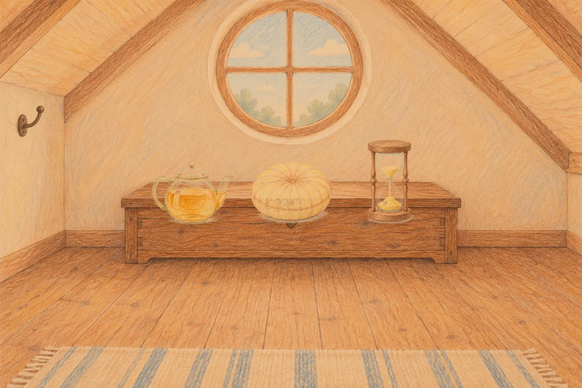 가산디지털단지 여성전용 경락마사지 안내 그림, 저녁의 다락방 나무 궤짝 위에 놓인 유리 티포트, 둥근 쿠션, 모래시계