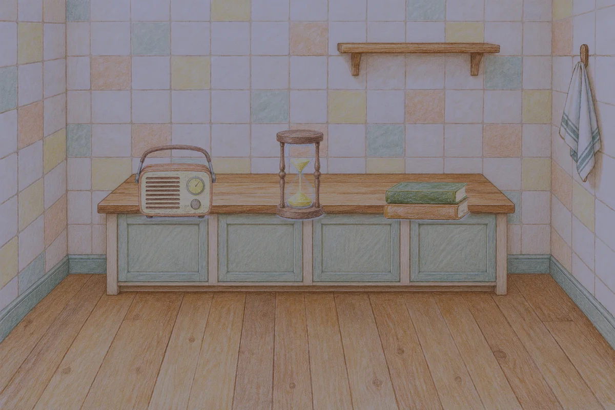 가산디지털단지 여성전용 경락 마사지 안내 그림, 밤의 부엌 나무 조리대 위에 놓인 작은 라디오, 모래시계, 책 두 권