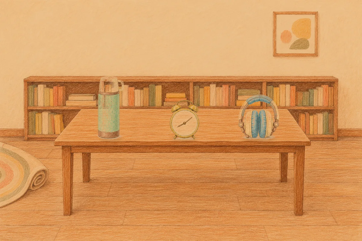 가산디지털단지 여성전용 경락 추천 안내 그림, 저녁의 서재 긴 책상 위에 놓인 보온병, 둥근 알람시계, 헤드폰