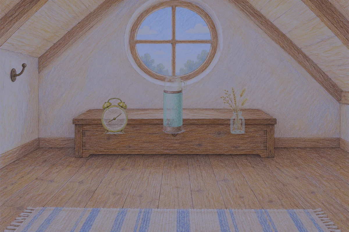 가산디지털단지 여성전용 방문 마사지 안내 그림, 밤의 다락방 나무 궤짝 위에 놓인 둥근 알람시계, 보온병, 마른 풀을 꽂은 항아리