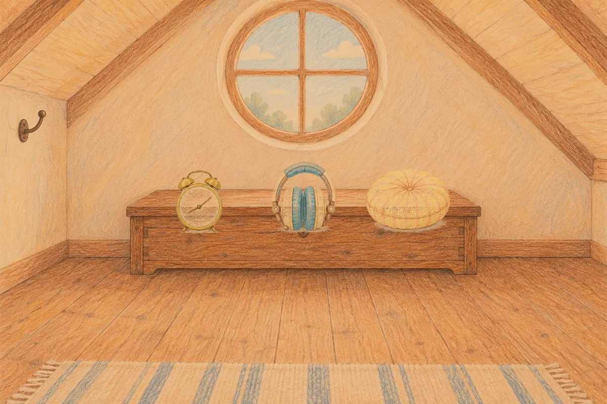 가산디지털단지 여성전용 1인샵 안내 그림, 저녁의 다락방 나무 궤짝 위에 놓인 둥근 알람시계, 헤드폰, 둥근 쿠션