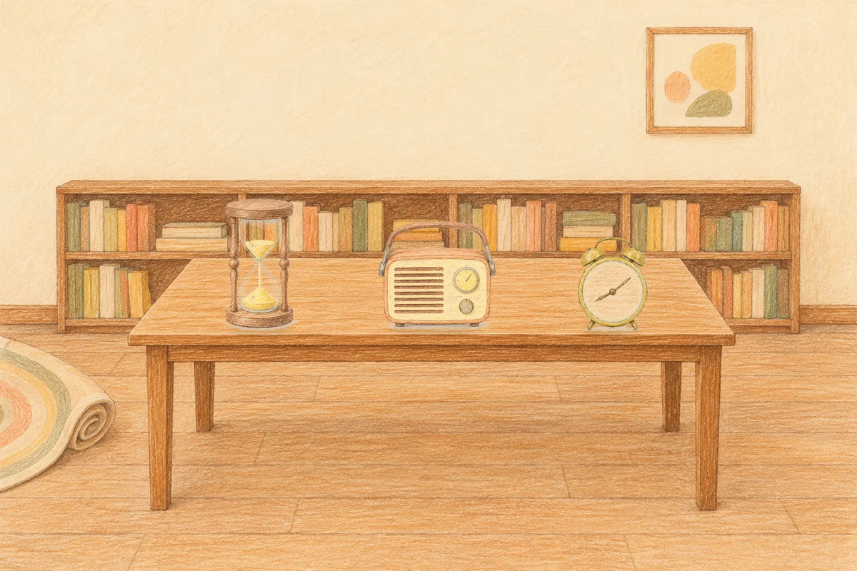 가산디지털단지 여성전용 프라이빗 케어 안내 그림, 낮의 서재 긴 책상 위에 놓인 모래시계, 작은 라디오, 둥근 알람시계