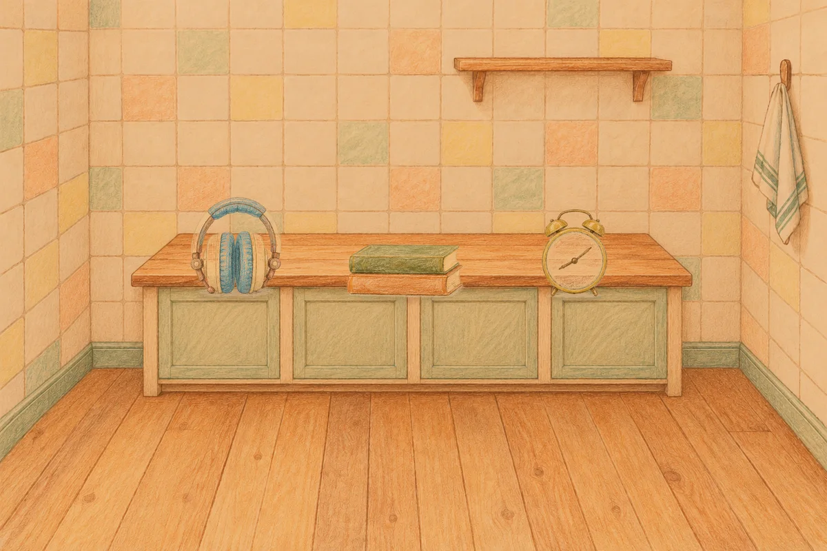 가산디지털단지 여성전용 홈케어 후기 안내 그림, 저녁의 부엌 나무 조리대 위에 놓인 헤드폰, 책 두 권, 둥근 알람시계