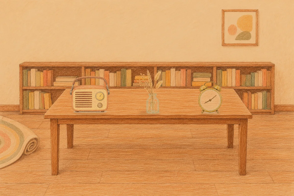 가산디지털단지 여성전용 발관리 추천 안내 그림, 저녁의 서재 긴 책상 위에 놓인 작은 라디오, 마른 풀을 꽂은 항아리, 둥근 알람시계