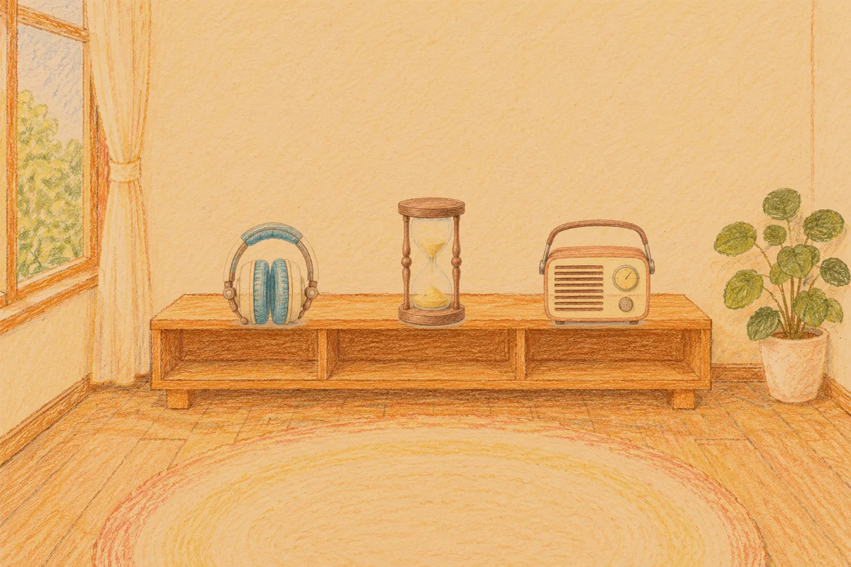 가산디지털단지 여성전용 셀룰라이트 관리 안내 그림, 저녁의 창가 낮은 선반 위에 놓인 헤드폰, 모래시계, 작은 라디오
