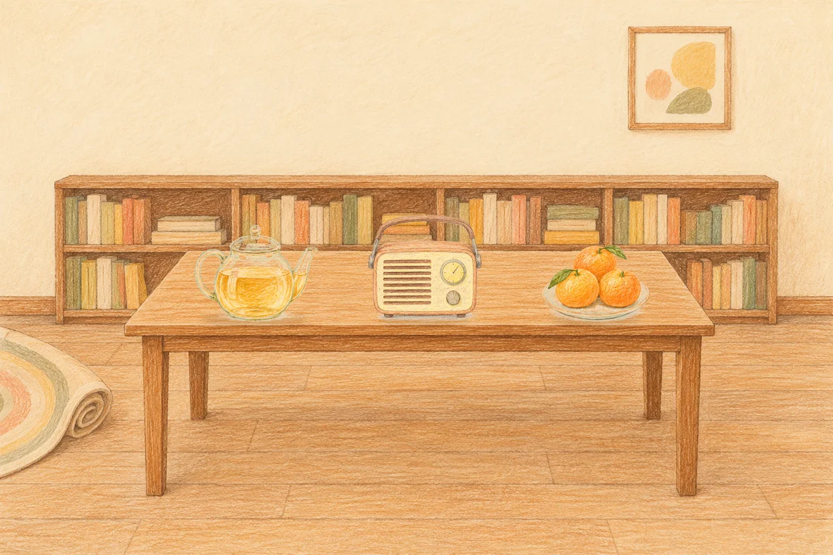 가산디지털단지 여성전용 슬리밍 마사지 안내 그림, 낮의 서재 긴 책상 위에 놓인 유리 티포트, 작은 라디오, 귤이 담긴 접시