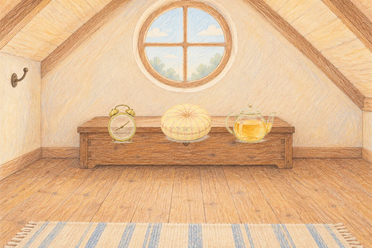 가산디지털단지 여성전용 디톡스 마사지 안내 그림, 낮의 다락방 나무 궤짝 위에 놓인 둥근 알람시계, 둥근 쿠션, 유리 티포트