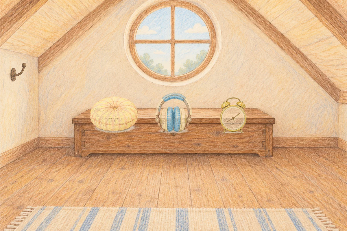 가산디지털단지 여성전용 다이어트 마사지 안내 그림, 낮의 다락방 나무 궤짝 위에 놓인 둥근 쿠션, 헤드폰, 둥근 알람시계