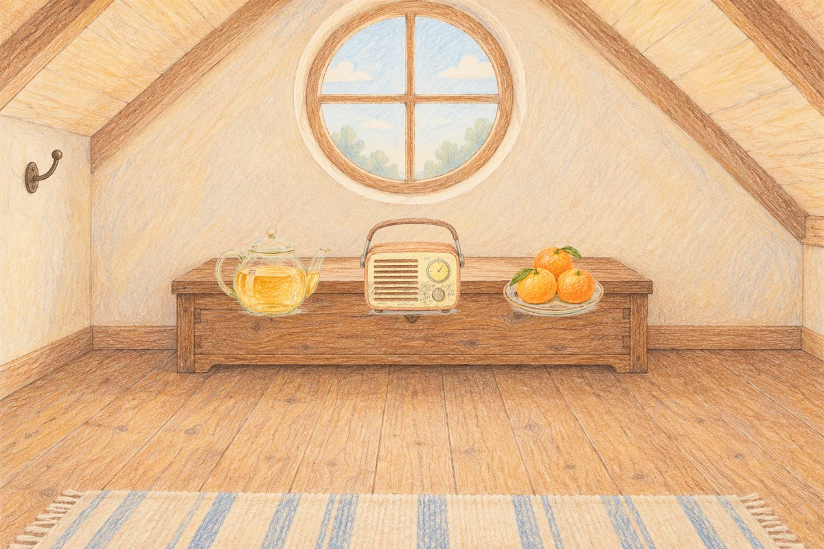 가산디지털단지 여성전용 목 어깨 케어 안내 그림, 낮의 다락방 나무 궤짝 위에 놓인 유리 티포트, 작은 라디오, 귤이 담긴 접시