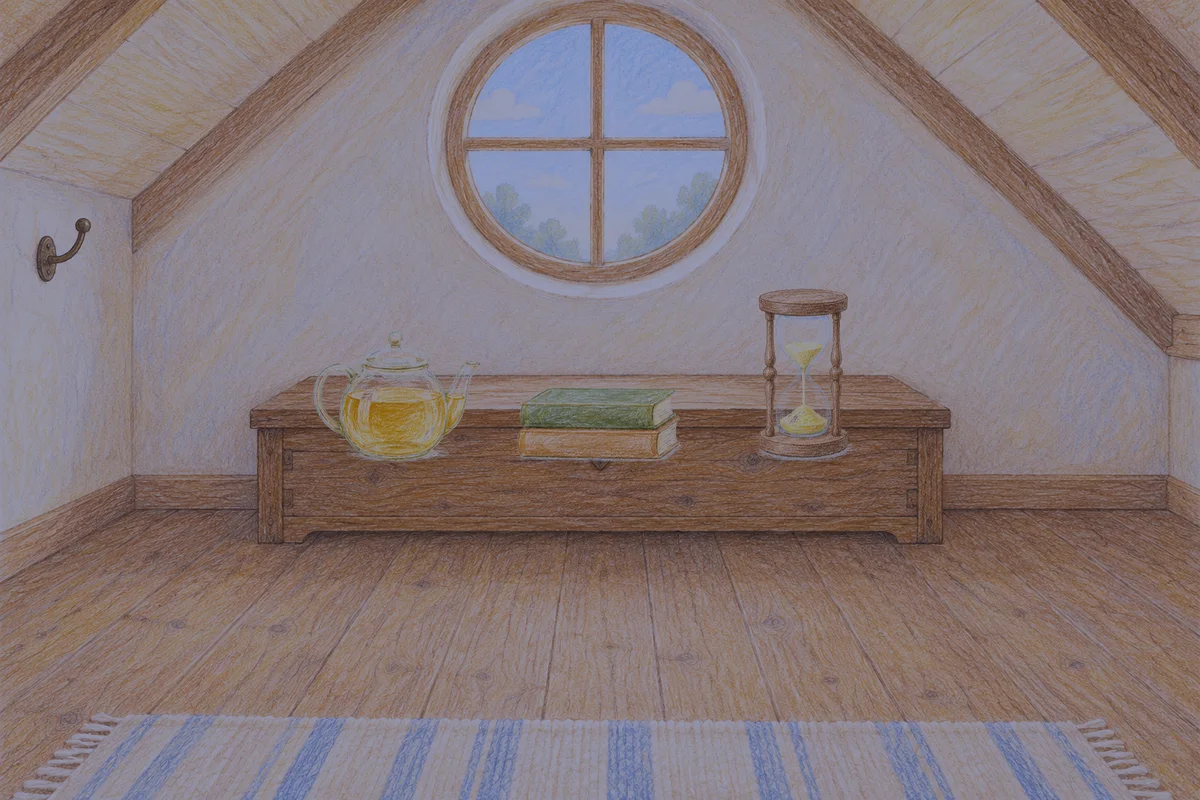 가산디지털단지 여성전용 피로 회복 마사지 안내 그림, 밤의 다락방 나무 궤짝 위에 놓인 유리 티포트, 책 두 권, 모래시계