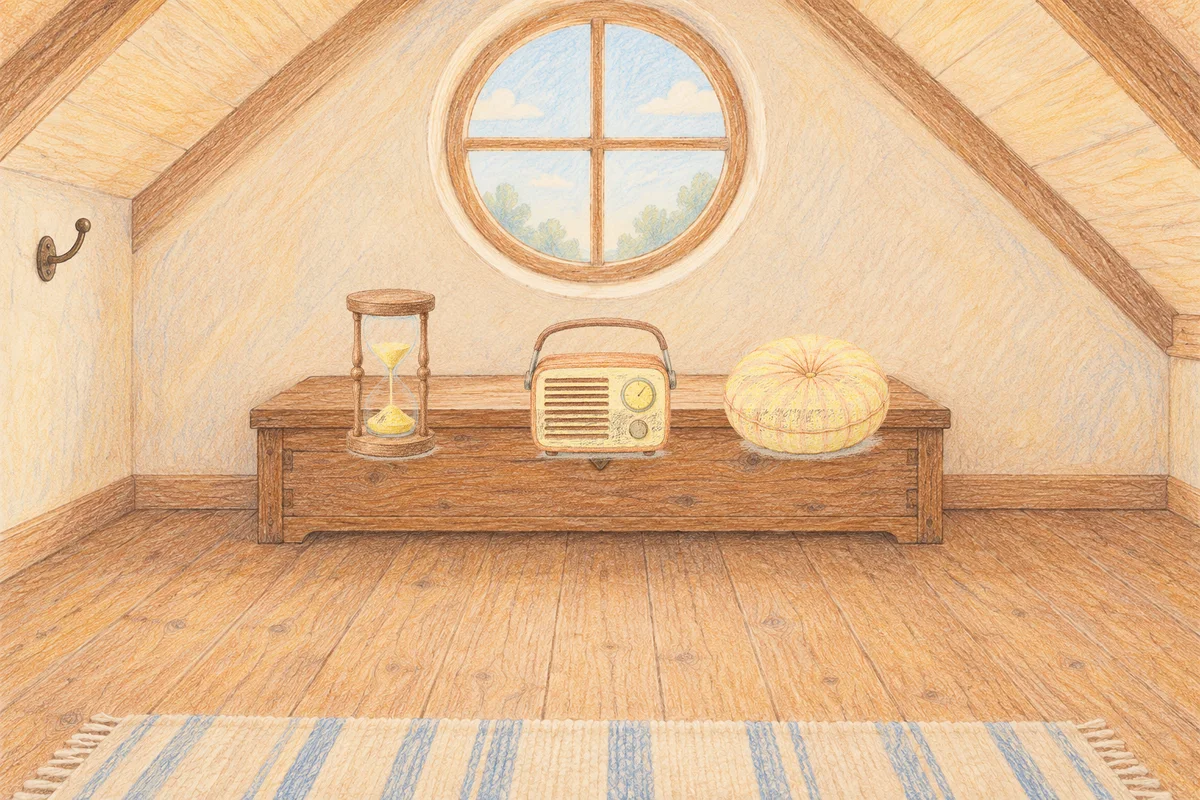 가산디지털단지 여성전용 림프 페이셜 안내 그림, 낮의 다락방 나무 궤짝 위에 놓인 모래시계, 작은 라디오, 둥근 쿠션