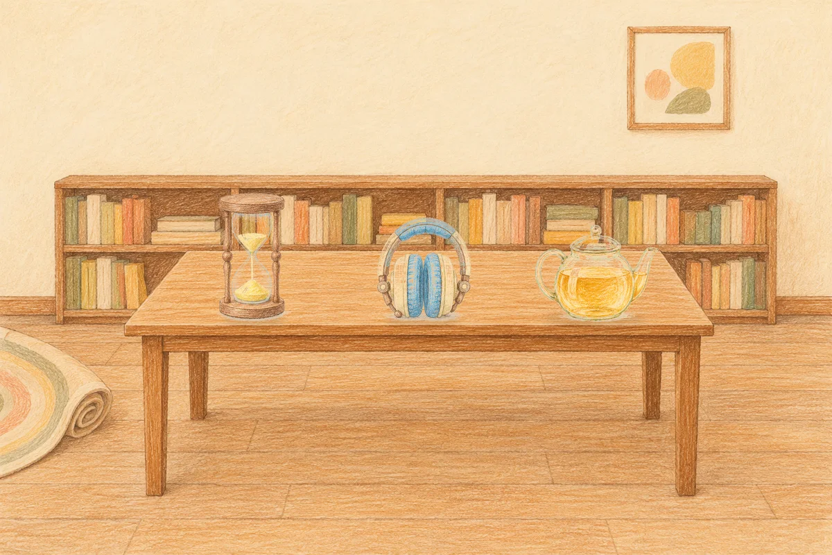 가산디지털단지 여성전용 샵 마사지 안내 그림, 낮의 서재 긴 책상 위에 놓인 모래시계, 헤드폰, 유리 티포트