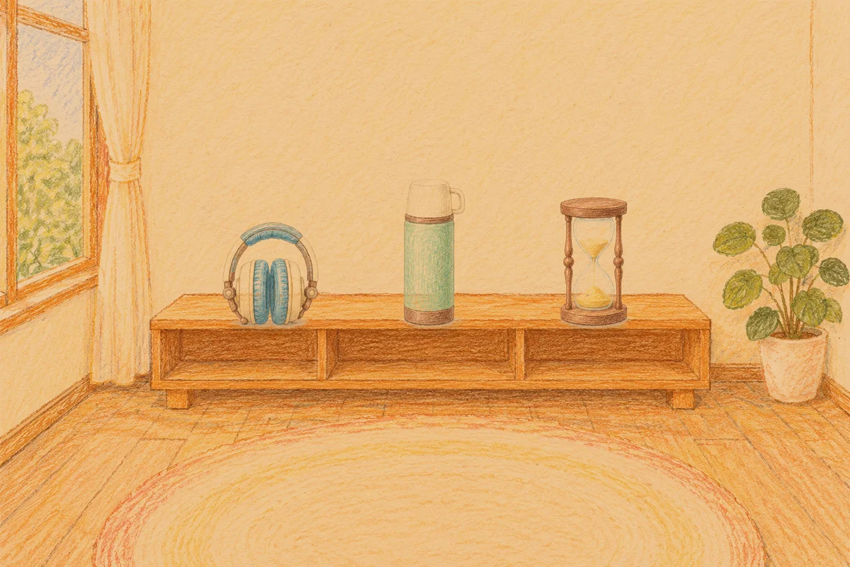 가산디지털단지 여성전용 예약 마사지 안내 그림, 저녁의 창가 낮은 선반 위에 놓인 헤드폰, 보온병, 모래시계