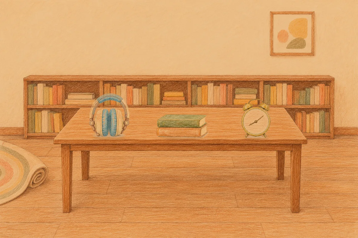 가산디지털단지 여성전용 후기 마사지 안내 그림, 저녁의 서재 긴 책상 위에 놓인 헤드폰, 책 두 권, 둥근 알람시계
