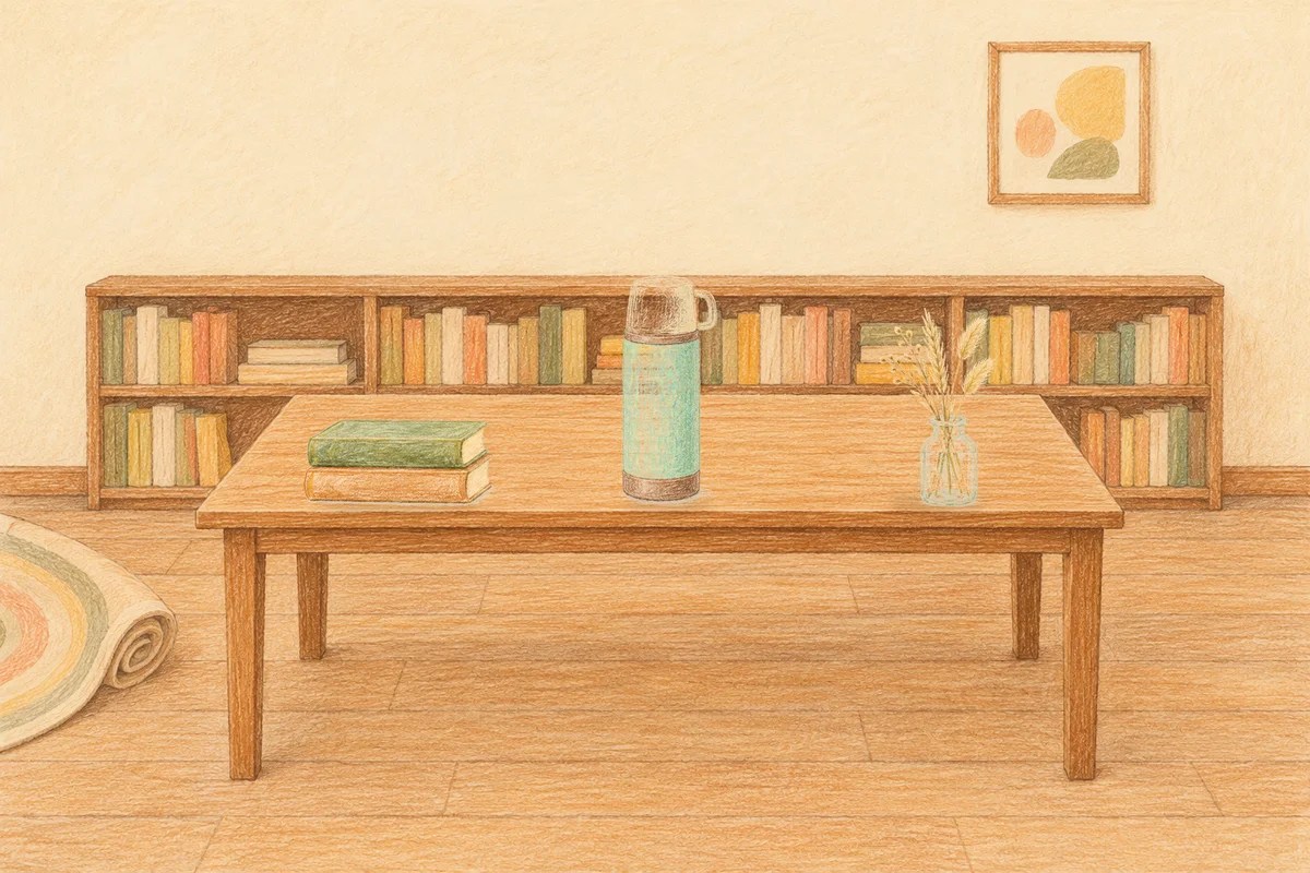 가산디지털단지 여성전용 추천 마사지 안내 그림, 낮의 서재 긴 책상 위에 놓인 책 두 권, 보온병, 마른 풀을 꽂은 항아리