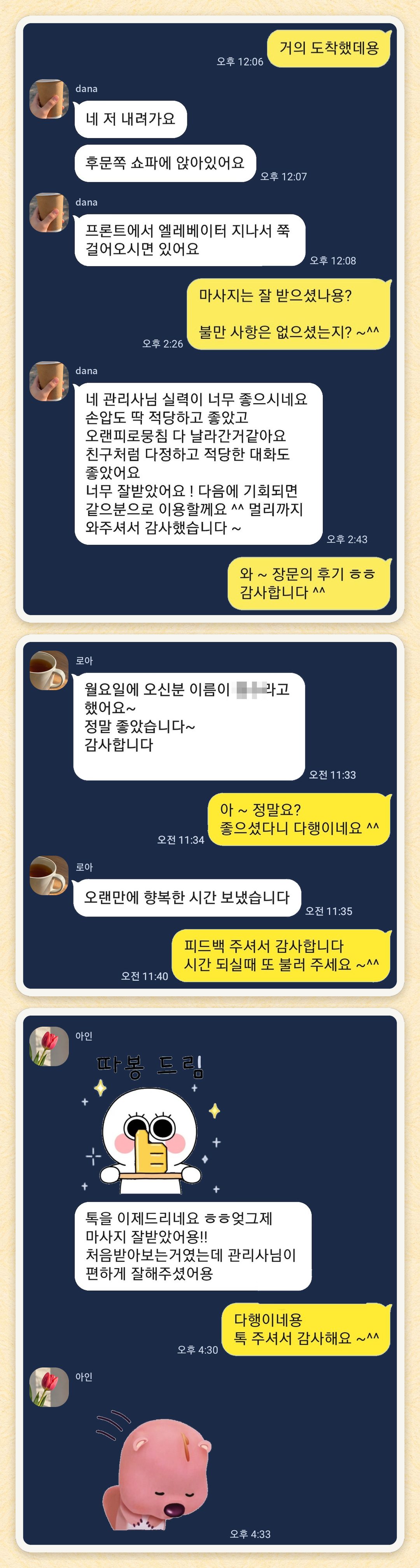 dana, 로아, 아인 님이 보내 주신 카카오톡 후기 세 장을 모은 그림