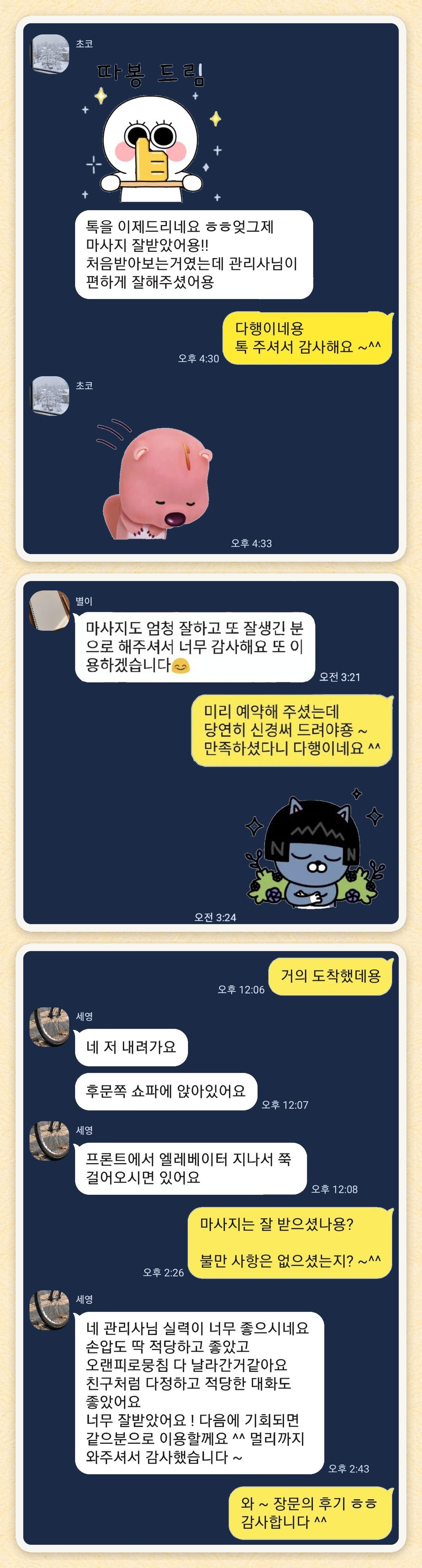초코, 별이, 세영 님이 보내 주신 카카오톡 후기 세 장을 모은 그림