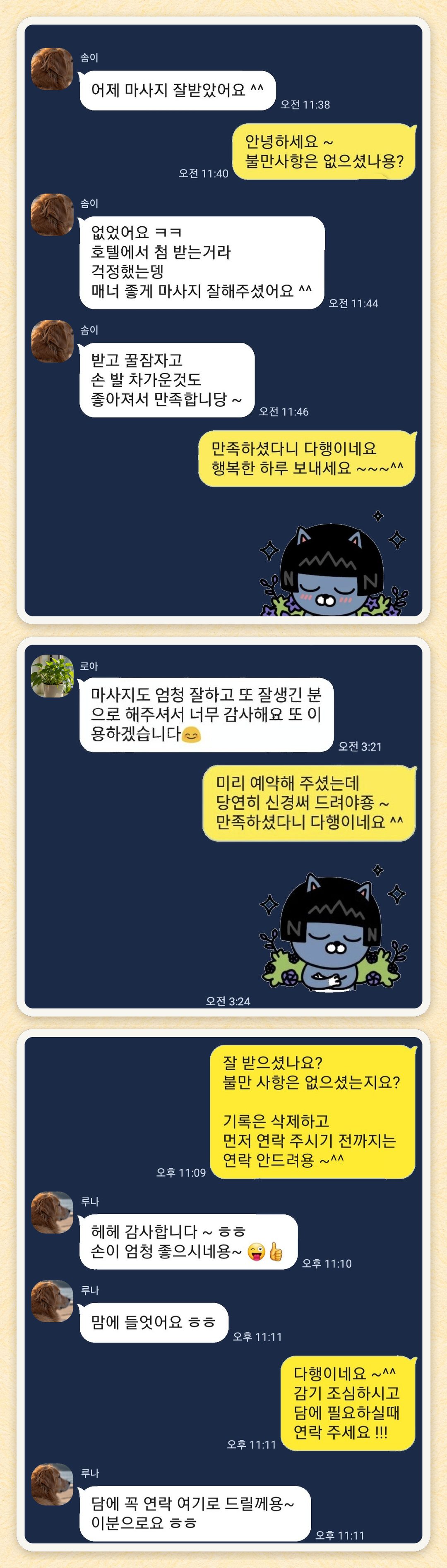 솜이, 로아, 루나 님이 보내 주신 카카오톡 후기 세 장을 모은 그림