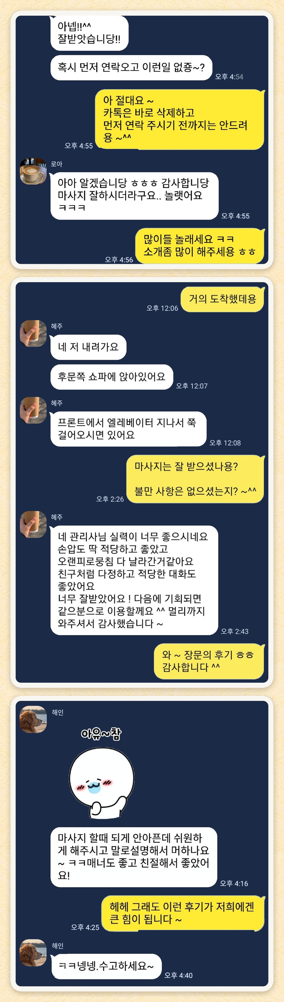 로아, 혜주, 해인 님이 보내 주신 카카오톡 후기 세 장을 모은 그림