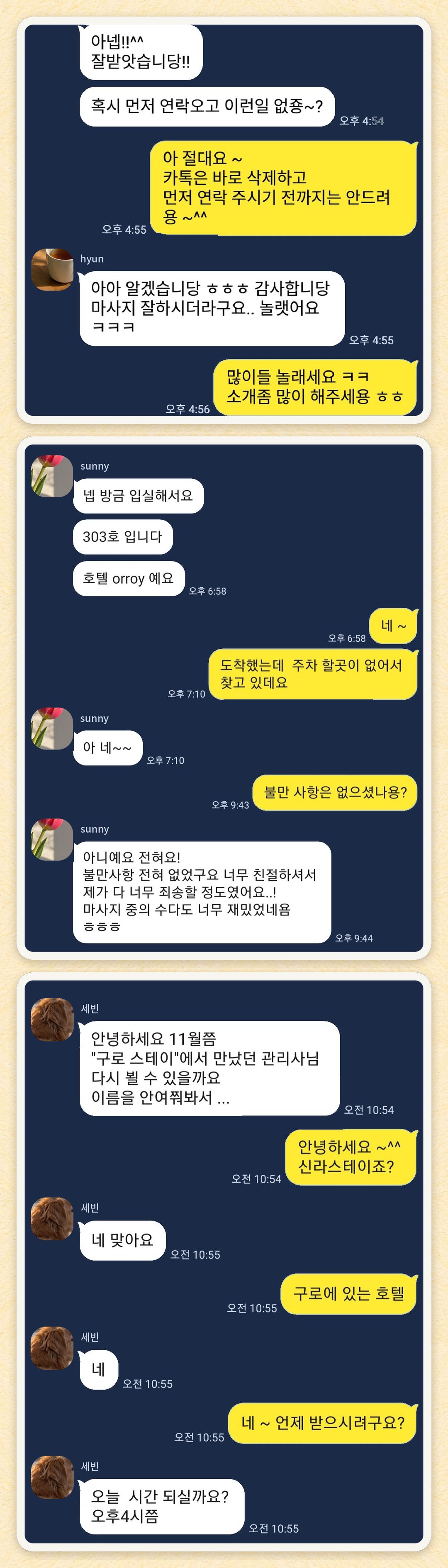 hyun, sunny, 세빈 님이 보내 주신 카카오톡 후기 세 장을 모은 그림